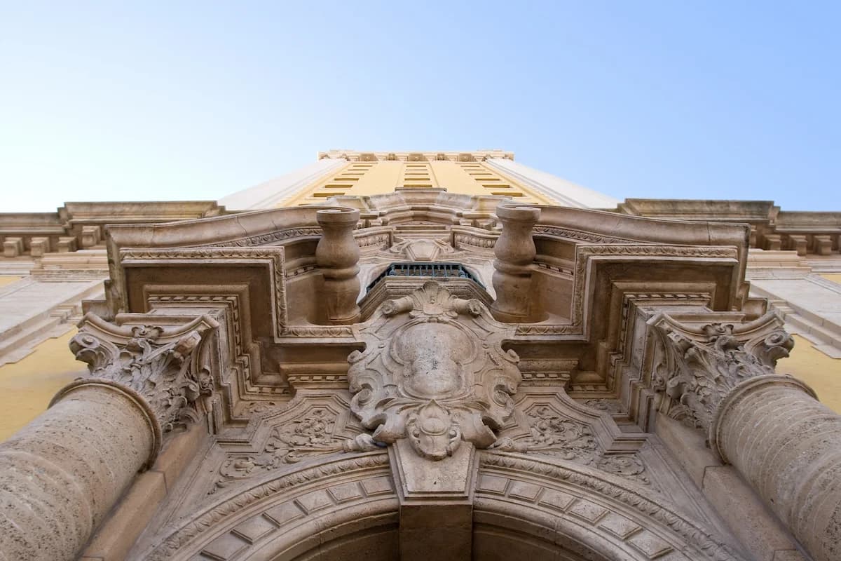 Classical architectural columns viewed from below